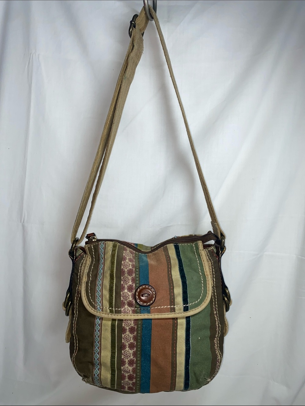 Fossil Striped Canvas Crossbody in Green, Brown and Blue